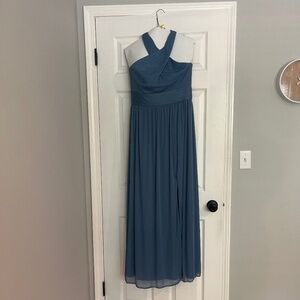 David’s Bridal Dusty Blue crisscross mesh dress